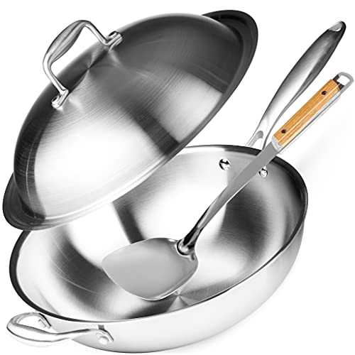 Willow \u0026 Everett Wok Pan - Non-Stick Stainless Steel Stir Fry Pans With Domed Lid \u0026 Bamboo Spatula - Scratch Proof Cookware For Gas, Induction Or Electric Stove