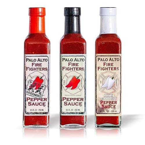 PALO ALTO FIRE FIGHTERS Palo Alto Firefighters Pepper Sauce Variety Pack (8.5oz) - Pack of 3 (Original, Habanero, Ghost Pepper) - Salt Free Pepper Plant Hot Sauce, No Sodium Hot Pepper Sauce, No Salt Sauces