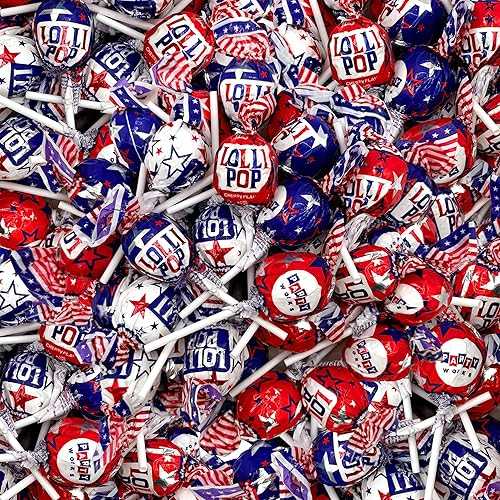 CRAZYOUTLET Patriotic Candy - 2 Pound Bulk Pack (35 Count) - Fourth of July Lollipops - Red White Blue Candy - Individually Wrapped - Cherry, Vanilla, Blue Raspberry - Gum Filled