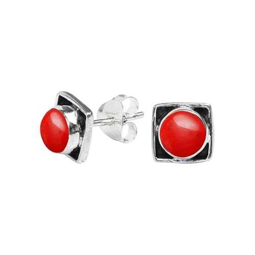 Silvebiz Coral Stone Stud Earring, 925 Sterling Silver Stud Earrings for Women Girls, Natural Gemstone Stud Earring, Round Stone Stud Earrings, Gift Jewelry for her
