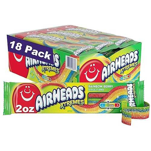Airheads Xtremes ベルト 甘酸っぱいキャンディー、レインボーベリー、溶けない、バルクパーティーバッグ、2オンス (18個パック) Airheads Xtremes Belts, Rainbow Berry Flavor, Easter Candy, Easter Basket Essentials Stuffers for Kids and Ad