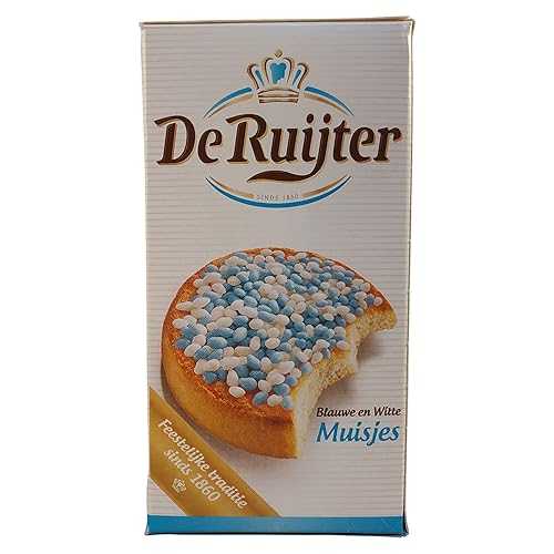 De Ruijter アニス スプリンクル (Muisjes)、ブルー & ホワイト、280 Gr (9.9 オンス)、1 箱 De Ruijter Anise Sprinkles (Muisjes), Blue & White, 280 Gr (9.9 Oz), 1 Box