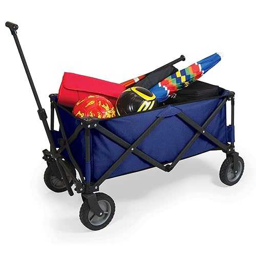 PICNIC TIME Adventure Collapsible Folding Wagon, Outdoor Collapsible Wagon, Portable Cart with Wheels, All-Terrain Trolly Cart with Storage Cover and Handle, Supports 225 lbs, (Navy Blue) その他-インテリア・寝具・収納
