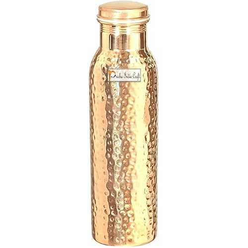 Prisha India Craft Copper Bottle, Hammered Design, 30 Ounces