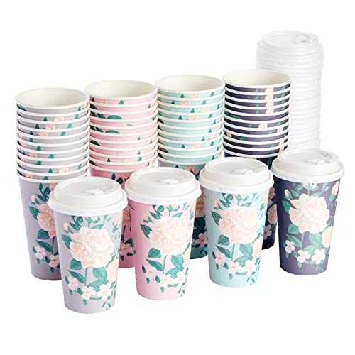 BLUE PANDA Paper Coffee Cups - 16 Oz, 48 Count, 4 Pastel Floral Colors - Disposable Cups with Lids for Hot & Cold Coffee & Tea to Go BLUE PANDA Paper Coffee Cups - 16 Oz, 48 Count, 4 Pastel Floral Colors -