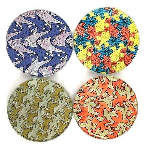 エッシャー シンメトリー 幾何学ガラス ドリンクバー コースター 4枚セット 収納スタンド付き Parastone Escher Symmetry Geometric Glass Drink Bar Coasters Set of 4 with Storage Stand