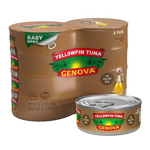 Genova Premium Yellowfin Tuna in Olive Oil, 5 Ounce Cans, 8-Pack Nutrient Rich, High Protein Canned Tuna Fish - Delicious, Easy, Nutritious Ready to Eat Meals