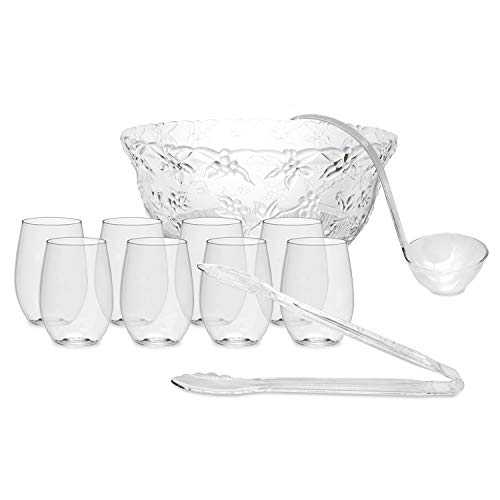 Party Essentials ハードプラスチックエンボス加工サービングボウル パンチ/サラダ/スナック/トリート用 8クォート お玉、トング、ステムレスワイングラス8個付き クリア Party Essentials Hard Plastic Embossed Serving Bowl for Punch/Salad/Snack/Treat,