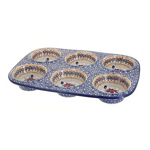 青碧サクラ色ポールスカ瀬戸ものレッドデイジーマフィンパン Blue Rose Pottery Blue Rose Polish Pottery Red Daisy Muffin Pan