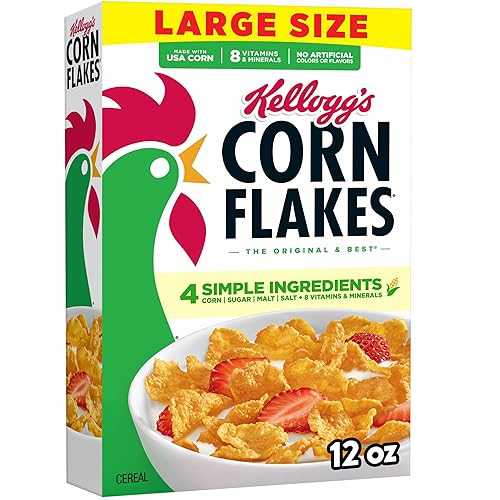 Kellogg's Corn Flakes Cold Breakfast Cereal, 8 Vitamins and Minerals, Fat Free, Large Size, Original, 12oz Box (1 Box)