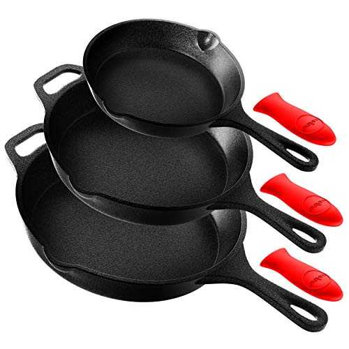 Nutrichef NCCIPS349 味付け済み鋳鉄フライパン 3 点キッチンフライパンノンスティック膳立て手道具仕掛ける ドリップ注ぎ口、ケイ素樹脂手持ち部分付き添い人、灯し火コンロ用、瑠璃陶器 Nutrichef NCCIPS349 Pre-Seasoned Cast Iron Skillet 3 Pieces Kitchen Frying
