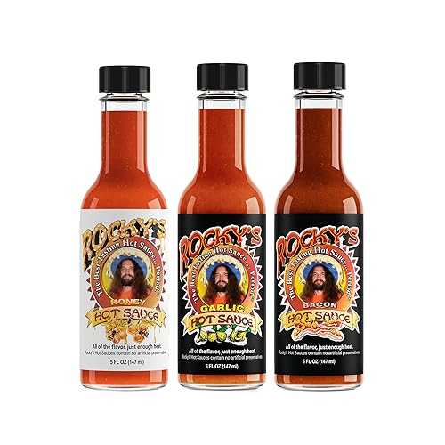 ROCKY'S HOT SAUCE Rocky's 3 Pack! Honey Hot - Garlic - Bacon - Gourmet Red Chili Sauce with Perfectly Balanced Heat - Great Hot Sauce Gift and Wing Sauce - 5 oz (3 pack)