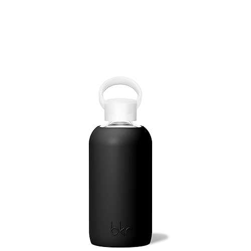 bkr - Little Smooth - Reusable Glass Water Bottle - 16薬局衡オンス - Fits インチ Cup Holder - Leakproof, Travel Friendly - BPA Free, Dishwasher Safe - Removable Silicone Sleeve \u0026 Carrying Loop - Jet