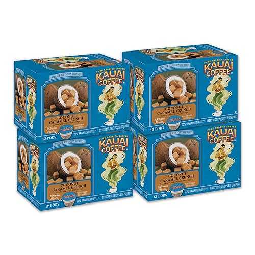 Kauai Coffee Coconut Caramel Crunch Medium Roast - Compatible with Keurig Pods K-Cup Brewers (4 Packs of 12 Single-Serve Cups)