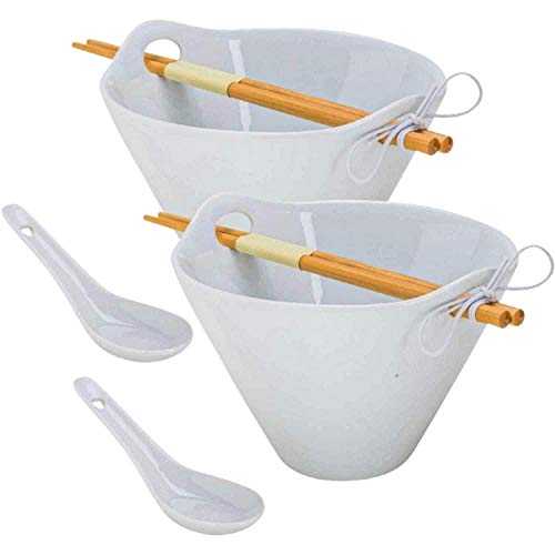 XL Tasse Verre 磁器ヌードルボウルセット 竹箸とセラミックスプーン付き ラーメン、スープ、サラダ、フォー、フルーツ用 (40オンスボウル) - ホワイト - 2パック XL Tasse Verre Porcelain Noodle Bowl Sets with Bamboo Chopsticks and Ceramic S