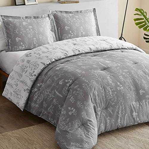 Bedsure クイーンベッド掛け布団セット - リバーシブルフローラルグレーホワイト寝具掛け布団セット、花、植物、オールシーズンベッドセット3点、枕カバー2枚付き Bedsure Queen Bed Comforter Set - Reversible Floral Grey White Bedding Comforter Set,