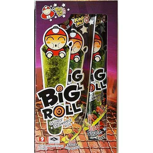 タオ・カエノイ ビッグロール 焼き海苔ロール 1箱9袋入 2箱(BBQソース味) Tao Kae Noi Big Roll Grilled Seaweed Roll 9 Packets Per Box - 2 Boxes (BBQ Sauce Flavour)