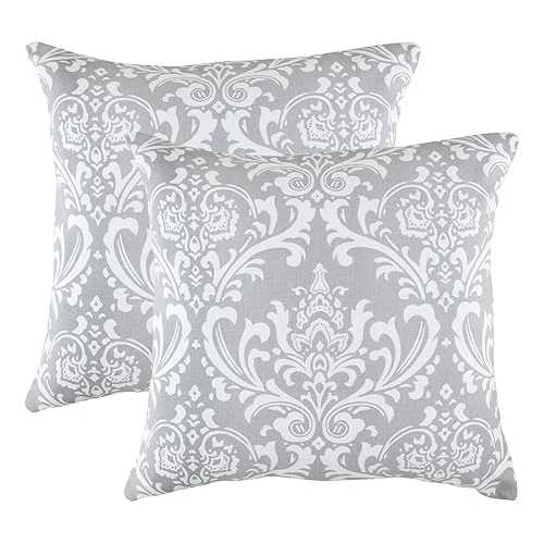 TreeWool 2 Pack Damask Accent Decorative Cotton Throw Pillow Covers (16 x 16 Inches, Silver Gray)