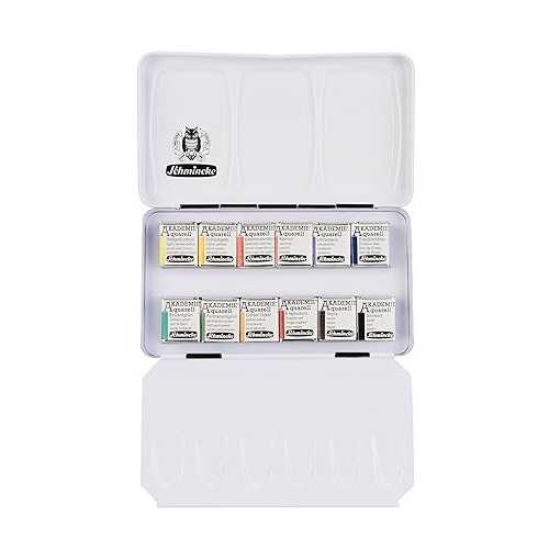 Schmincke - AKADEMIEAQUARELL Watercolor Compact Color Box, Basic Assortment 12 x 1/2 Pans, 75 112 097, Metal Box, Highly lightfast Colors, fine Artists' Watercolors