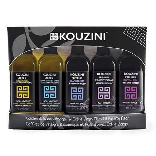 Kouzini Variety Gift Pack - Greek Extra Virgin Olive Oil and Balsamic Vinegar, 3 Balsamic Vinegars with 2 Greek Olive Oil Bottles, Great Cooking Oil Dispenser Bottle Refill, 60 ml, Pack of 5