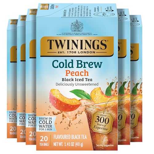 Twinings Peach Cold Brew Iced Tea Bags, 20 Count (Pack of 6), Unsweetened Flavoured Black Tea, Caffeinated, 120 Teabags