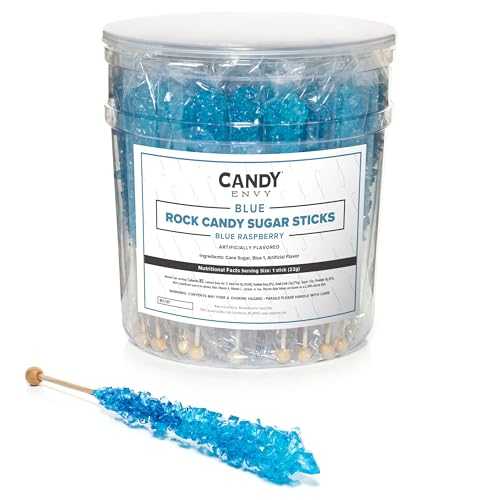 Candy Envy Blue Rock Candy Sugar Sticks - Blue Raspberry Flavored - 12 Individually Wrapped Party Favors