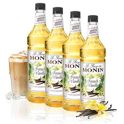 Monin - French Vanilla Syrup with Monin BPA Free Pump, Boxed, Versatile Flavor, Natural Flavors, Great for Coffees, Cocktails, Shakes, and Kids Drinks, Non-GMO, Gluten-Free (1 Liter, 4-Pack)