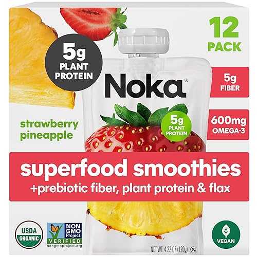 Noka Superfood Fruit Smoothie Pouches, Strawberry Pineapple, Healthy Snacks with Flax Seed, Prebiotic Fiber and Plant Protein, Vegan and Gluten Free, Organic Squeeze Pouch, 4.22 薬局衡オンス, 12 Count