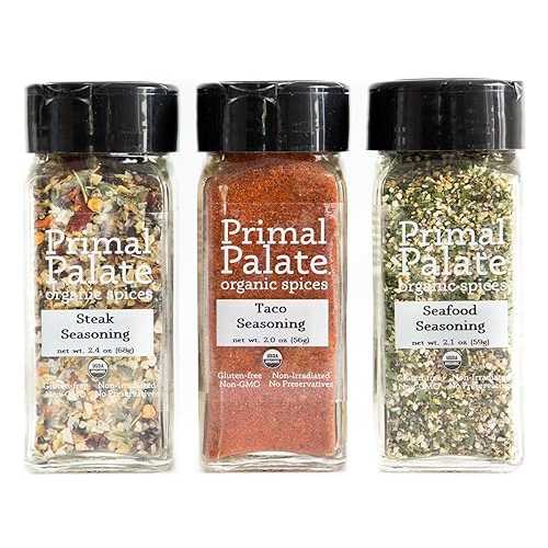 Primal Palate オーガニック スパイス - グリドルと食べ物屋容器に並べる 3 瓶 差し上げ物仕掛ける Primal Palate Organic Spices - Griddle and Grill Pack 3-Bottle Gift Set