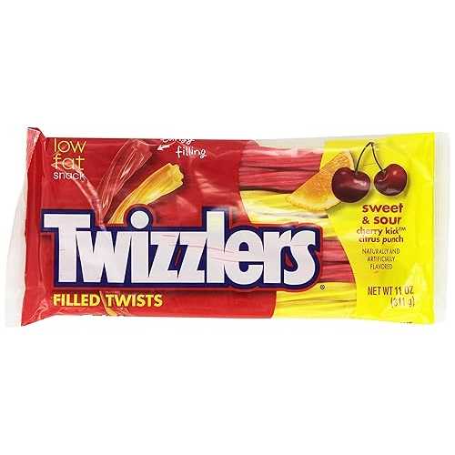 TWIZZLERS Filled Twists, Sweet \u0026 Sour Flavored Licorice Candy (Cherry Kick, Citrus Punch), 11-Ounce Bag (Pack of 6)