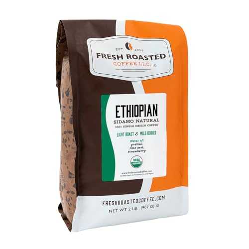 Fresh Roasted Coffee, Organic Ethiopian Sidamo Natural / USDA Organic, 100% Single Origin, Kosher / Light Roast 2 重量ポンド (32 薬局衡オンス) Whole Bean