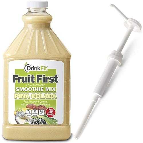 DrinkFit Fruit Smoothie / Real Fruit Puree, Low Sugar, Gluten:Free \u0026 Non:GMO, Pina colada Smoothie Mix : Makes 32 Smoothies, 64 Fl Oz with Dispensing Pump (Pina Colada)