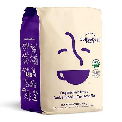 Coffee Bean Direct Organic Fair Trade Dark Ethiopian Yirgacheffe, Whole Bean Coffee, Arabica Coffee, Dark Roast, 5 Pound Bag (Pack of 1)