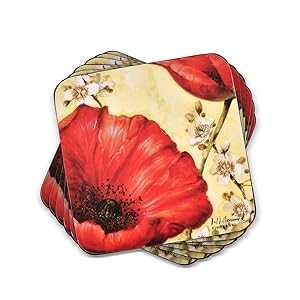 Pimpernel Poppy de Villeneuve Collection Coasters | Set of 6 | Cork Backed Board | Heat and Stain Resistant | Drinks Coaster for Tabletop Protection | Measures 4” x 4”