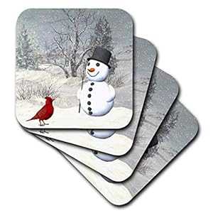 3dRose CST_18581_3 冬の枢機卿と雪だる??ま セラミック タイル コースター (4 個セット) 3dRose CST_18581_3 Cardinal and Snowman in Winter Ceramic Tile Coasters (Set of 4)