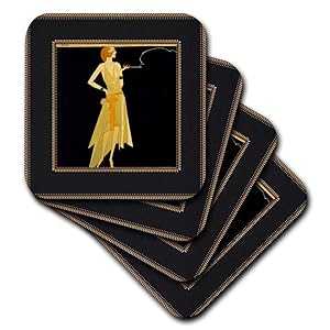3dRose アールデコ レディ オン ブラック ゴールド フレーム - セラミック タイル コースター、4 枚セット 3dRose Art Deco Lady On Black With Gold Frame - Ceramic Tile Coasters, set of 4