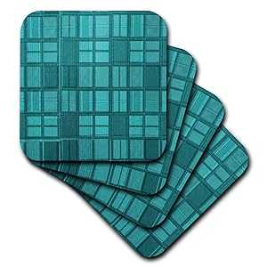 3dRose CST_124656_3 Light and Dark Turquoise Deep Plaid Fabric Look Ceramic Tile Coasters, Set of 4