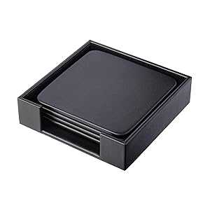 DACASSO Classic Leatherette Coaster Set - Luxury Black Leatherette Square Coasters with a Holder - Office Accessories & Executive Desk Decor - (Classic Black)