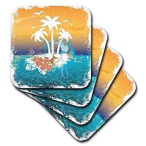3dRose CST_152566_1 A Pretty Island Scene with Palm Trees and Tropical Flowersin Orange and Blue Soft Coasters, Set of 4