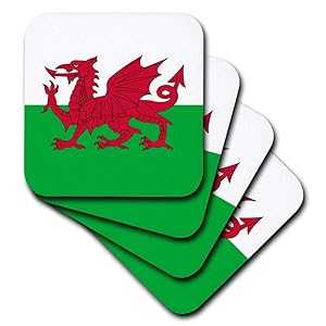 3dRose CST_158289_3 Flag of Wales, Welsh Red Dragon on White and Green, Y Ddraig Goch United Kingdom Great Britain Ceramic Tile Coasters, Set of 4画像