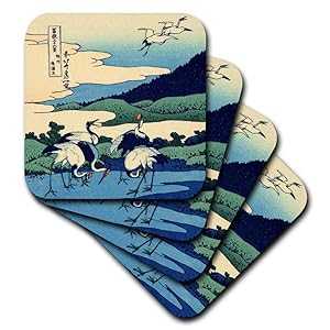 3dRose Umegawa in Sagami Province by Hokusai - Japanese fine art - blue classic Japan ukiyoe birds cranes - Soft Coasters, set of 4