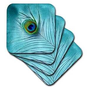 3dRose CST_211236_2 Peacock Feather on Turquoise Background Soft Coasters, (Set of 8)