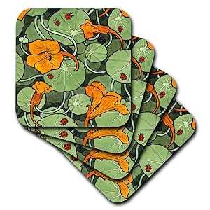 3dRose Art Nouveau Orange Nasturtium Flowers with Ladybirds - Ceramic Tile Coasters, Set of 4 (CST_216475_3)