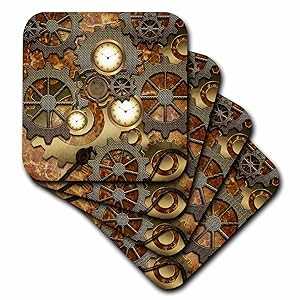 3D ローズ スチームパンク クロック ギア ゴールデン デザイン ソフト コースター、マルチカラー 3dRose 3D Rose Steampunk Clocks Gears in Golden Design Soft Coasters, Multicolor 4,399円