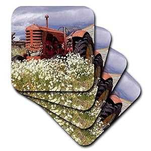 野生の花と田舎のビンテージ トラクターの 3 D ローズ画像ソフト コースター、マルチカラー 3dRose 3D Rose Image of Vintage Tractor Out in The Country with Wild Flowers Soft Coasters, Multicolor