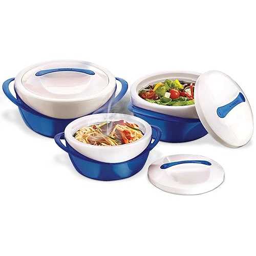 Pinnacle Insulated Casserole Dish with Lid 3 pc. set 2.6/1.25/.6 qt. Elegant Hot Pot Food Warmer/Cooler - Large Thermal Soup/Salad Serving Bowl- Stainless Steel ?Best Gift Set for Moms ?Holidays Blue