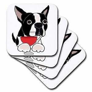 3dRose Funny Cute Boston Terrier Dog With Red Wine Soft Coasters