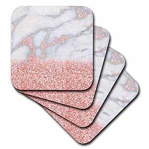 3dRose Chic Trendy Girly Pink Blush Rose Gold Glitter Gemstone Marble Ceramic Tile Coasters (Set of 4)