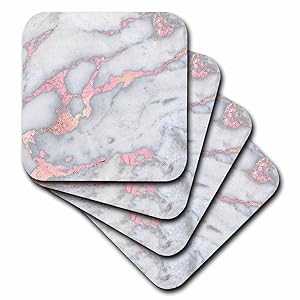 3dRose Luxury Grey Rose Gold Gem Stone Marble Glitter Metallic Faux Print, set of 4 Soft Coasters