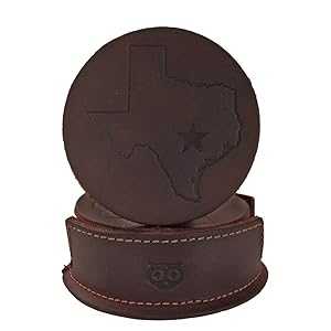 Hide & Drink, Durable Thick Leather Texas State, Lone Star Coasters Without Stitching (6-Pack) Handmade :: Bourbon Brown画像